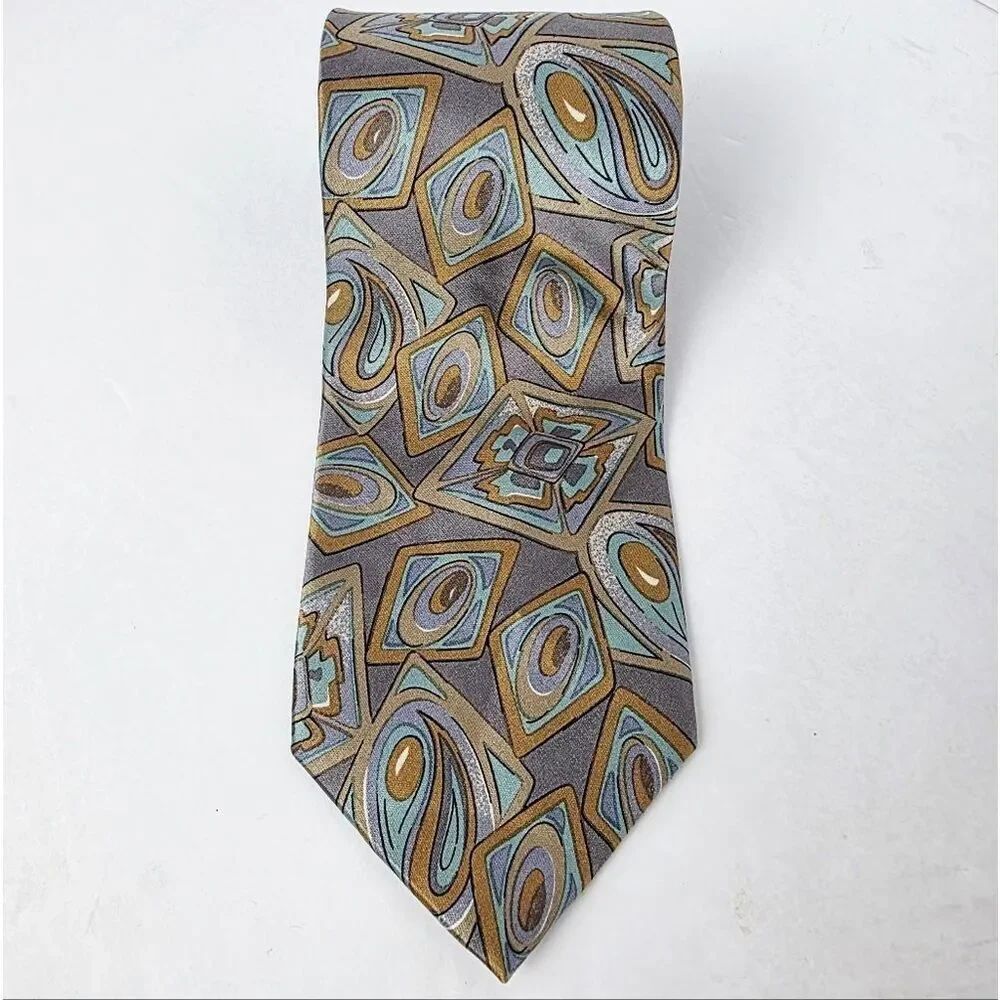 Christian Dior Monsieur Vintage Geometric Pattern Silk Tie Gray Tan Teal Mens